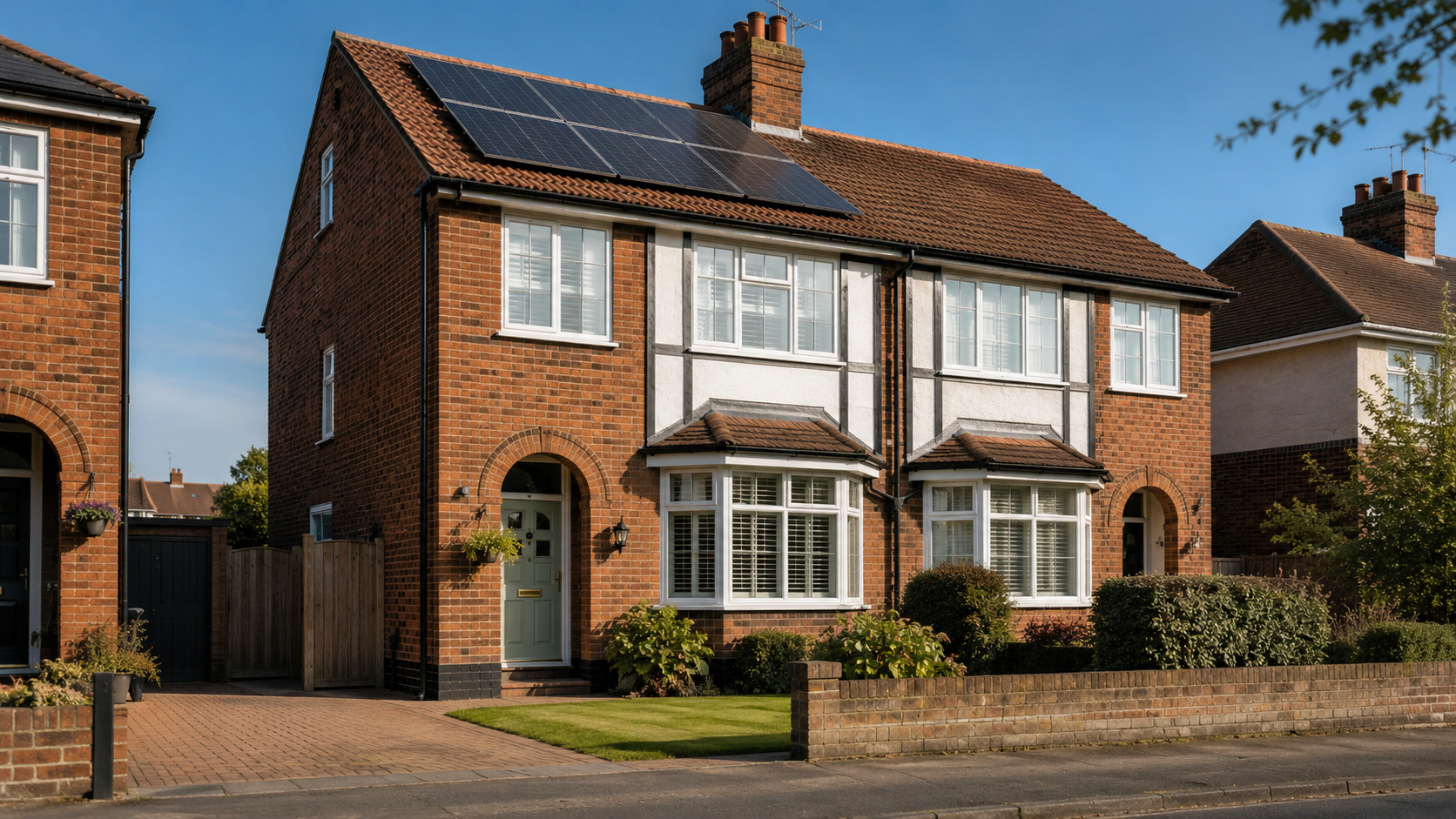Bright UK semi-detached home in daylight, representing a typical property suitable for solar and battery