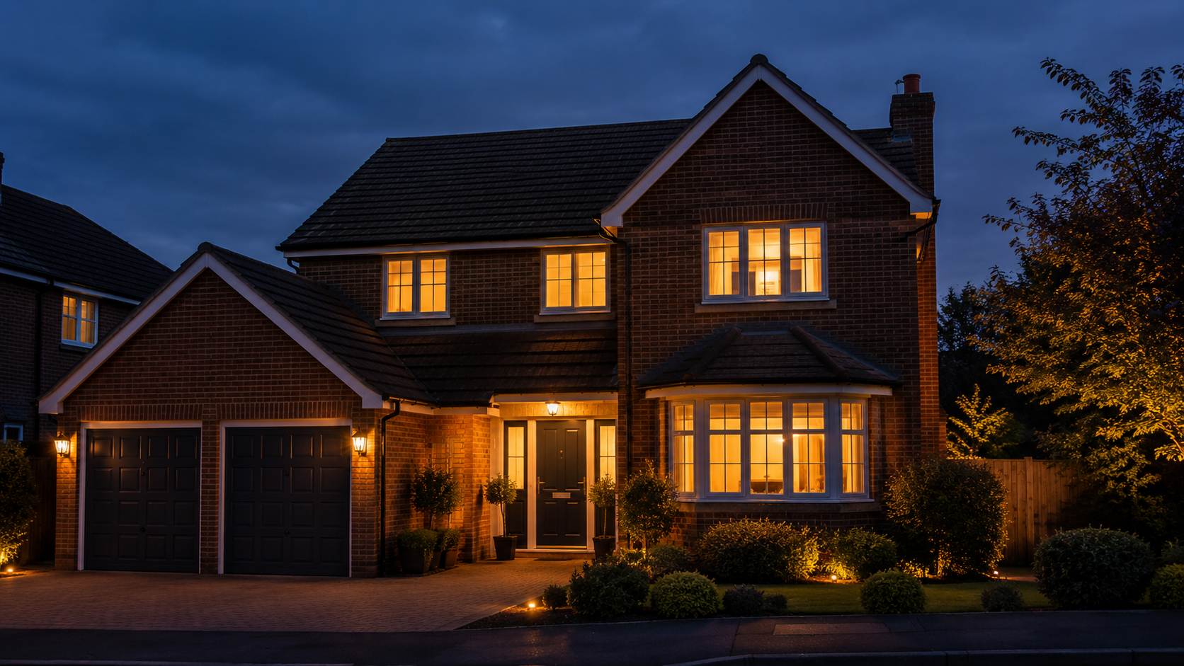 Cosy UK suburban house at dusk with warm interior lighting