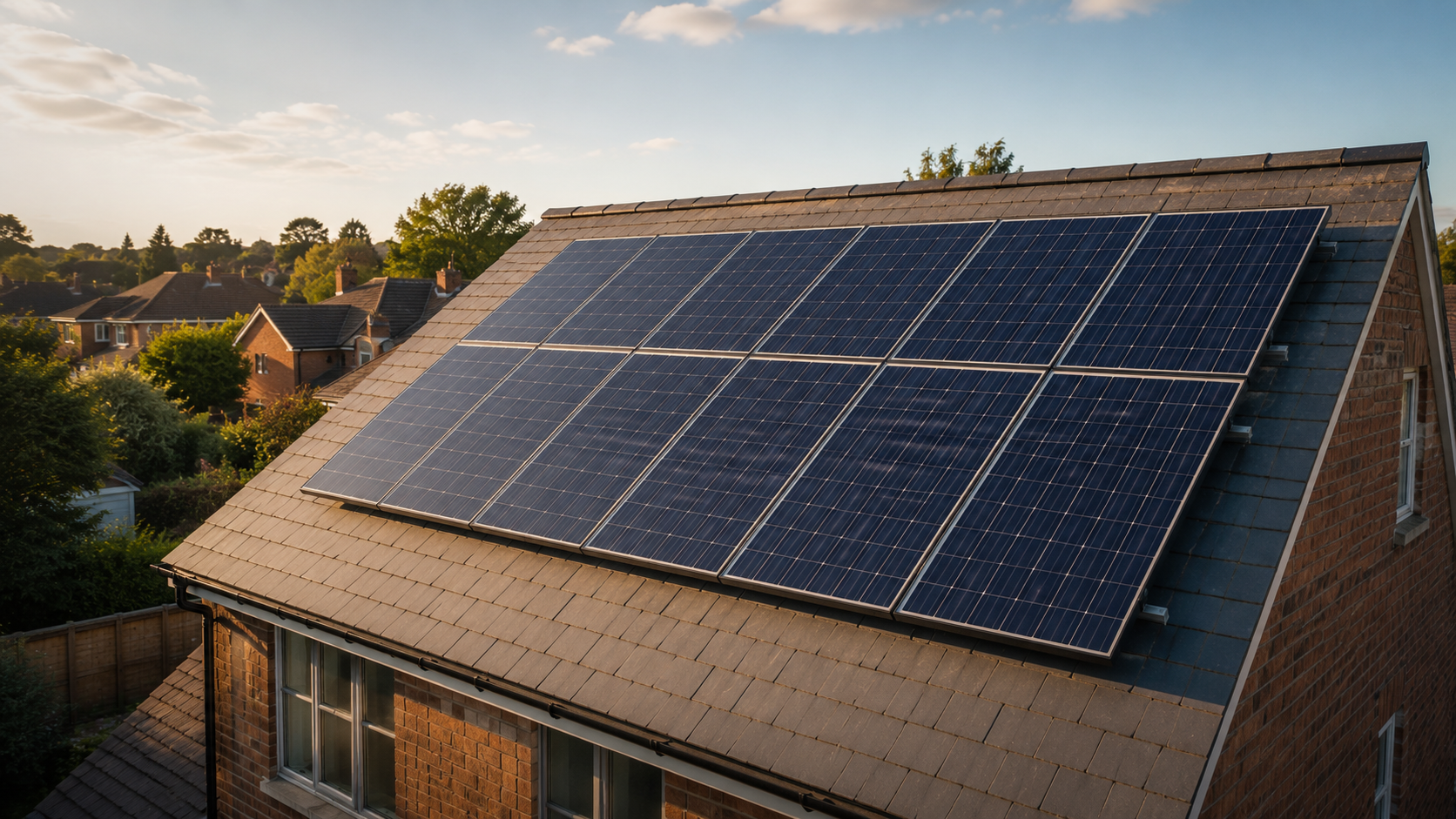 Eco-friendly suburban rooftop with solar panels at sunset