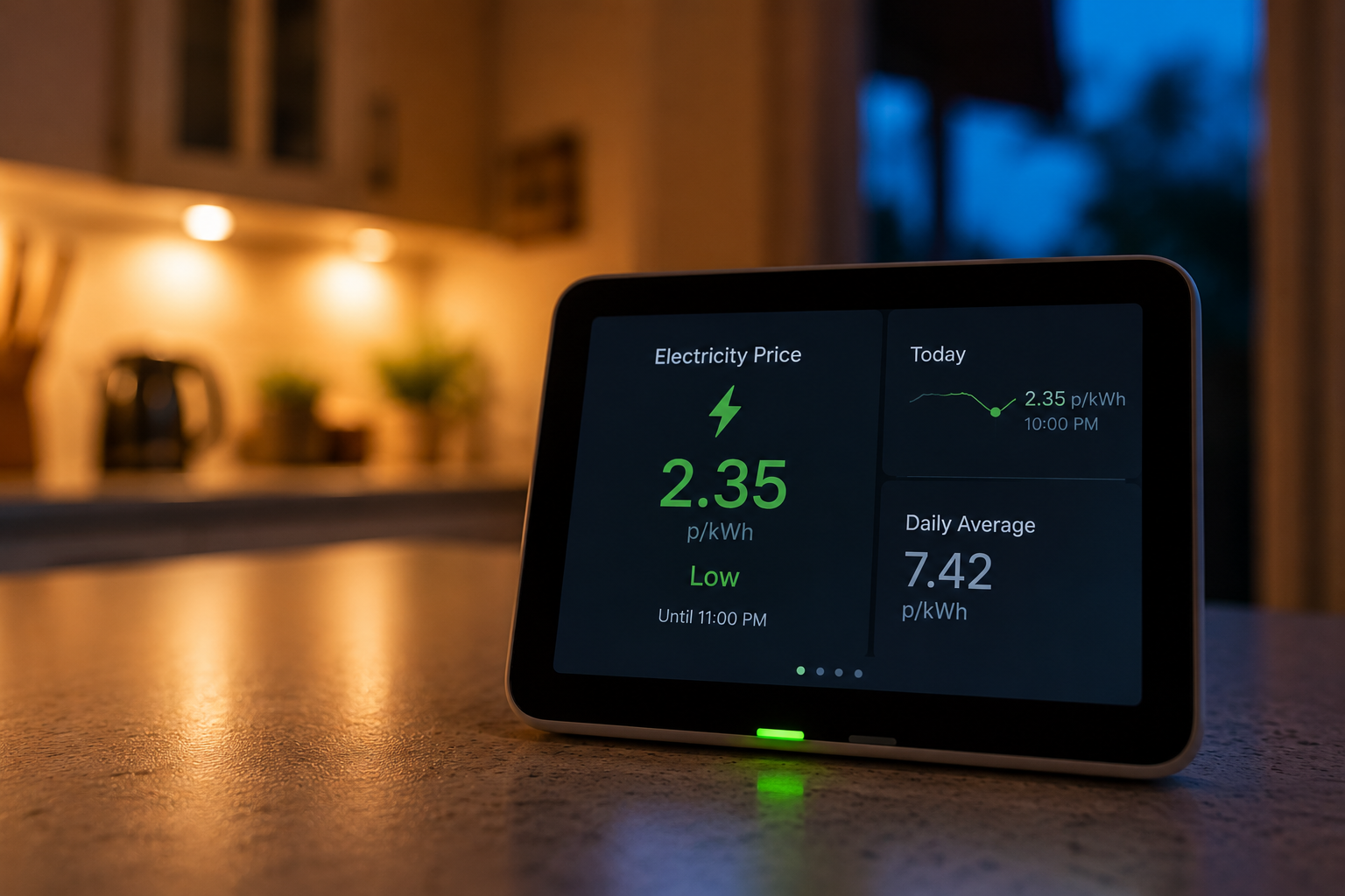 Modern smart energy monitor on a kitchen wall showing usage and tariff windows