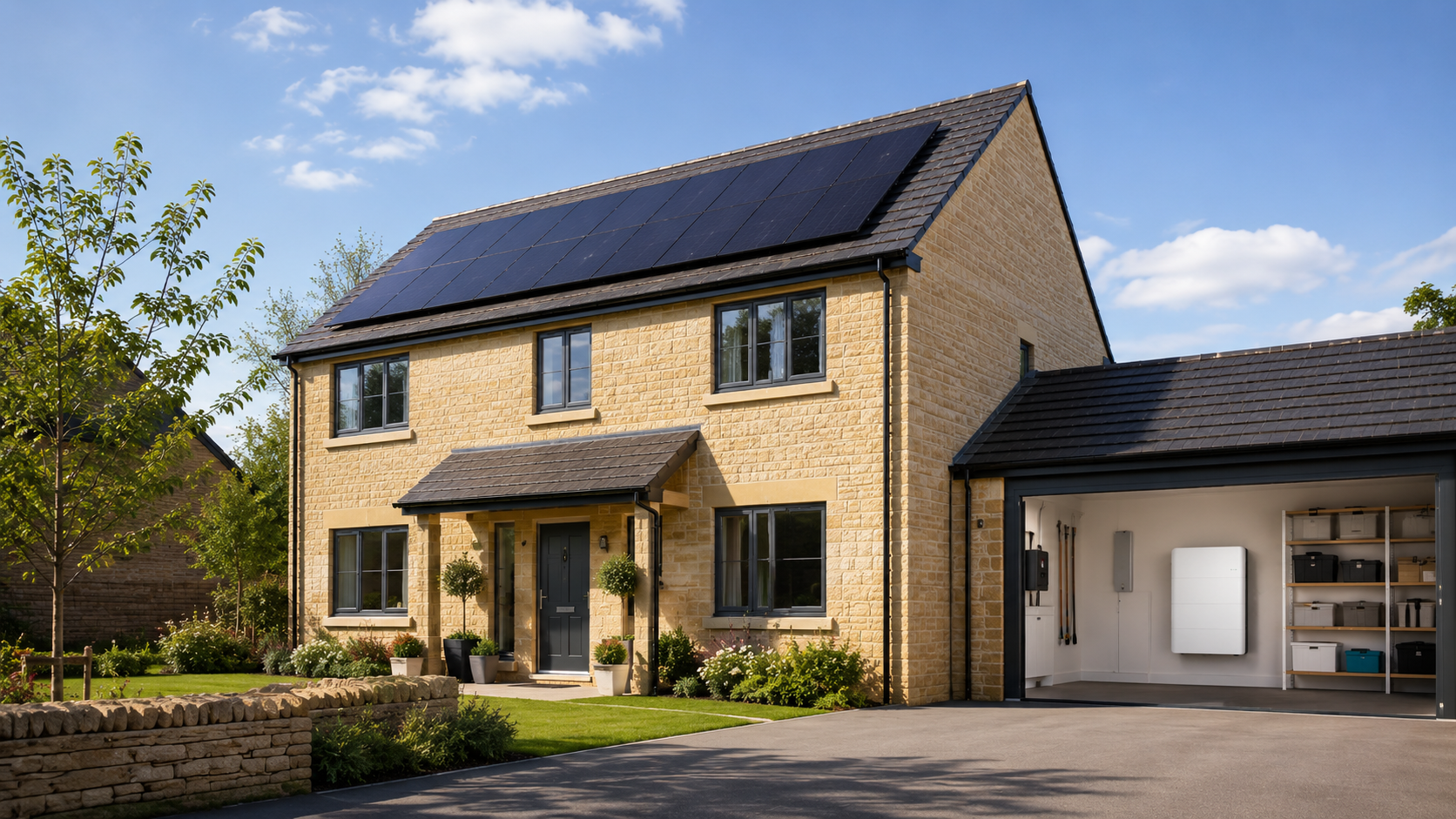 Modern suburban UK home with solar panels on the roof