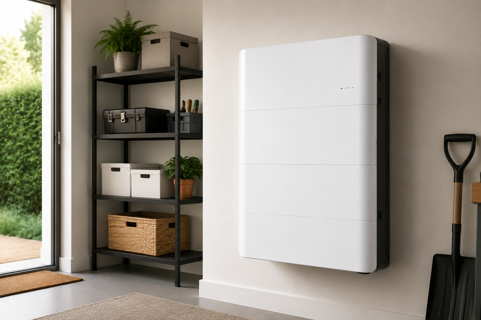 Modern utility room with a wall-mounted home battery storage unit