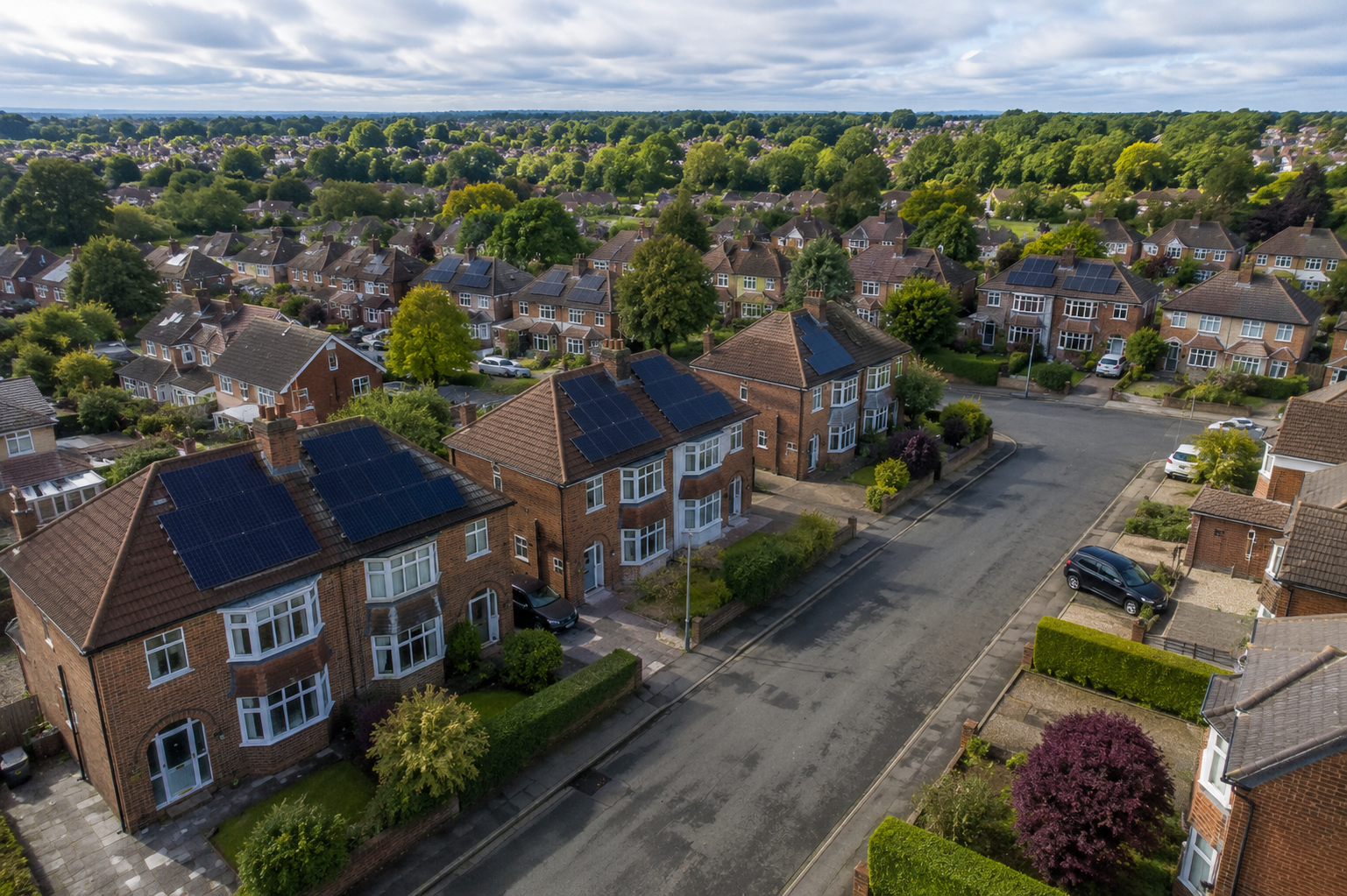 Quiet UK suburban street with homes that have solar panels on the roofs