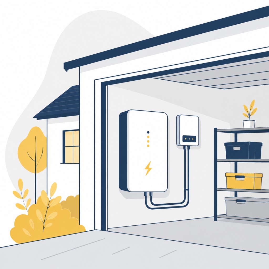 Illustration of a home battery storage unit installed in a garage
