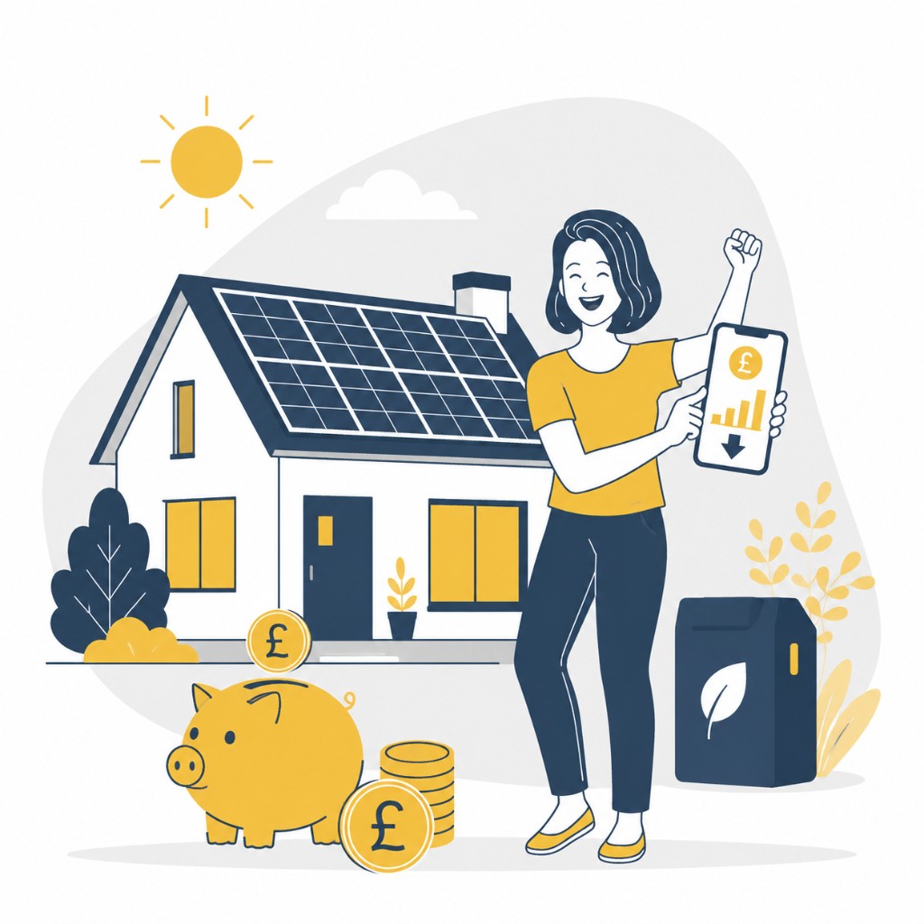 Illustration of a homeowner checking solar savings on their phone